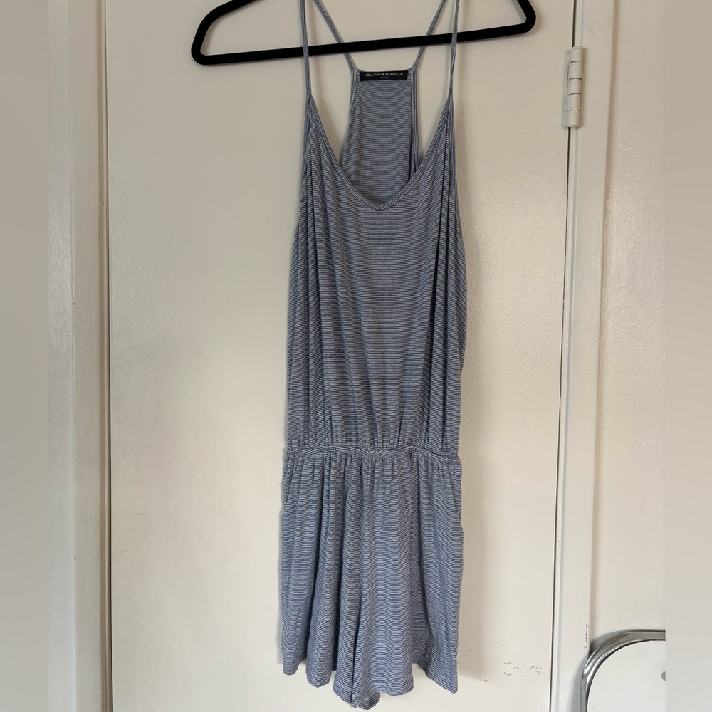 Brandy Melville Blue and White Striped Cotton Blend Romper